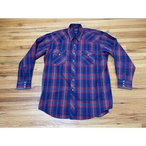 Williams Bay Western Button Up Shirt Men's XL Blue Plaid Pearl Button Collared‎